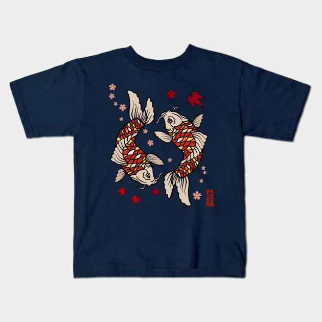 Japanese Koi Fish Sakura Zen Kids T-Shirt by Mewzeek_T